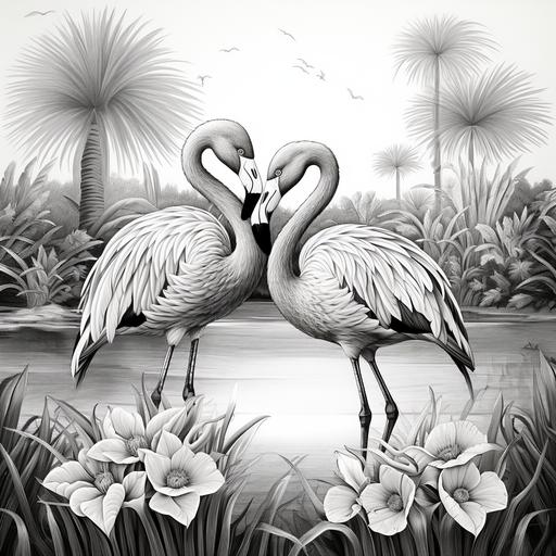 illustration of two flamingo birds facing each other on a stream palm trees and flowers, black and white line drawing ar--850:1100