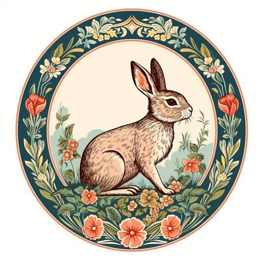 illustration vintage 1940s sticker, rabbit, round shapped, Art Nouveau design border
