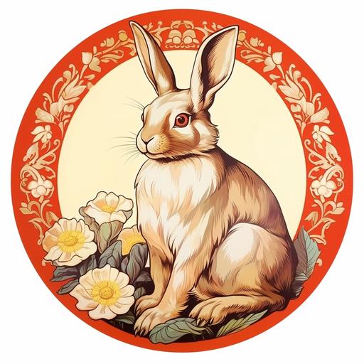illustration vintage 1940s sticker, rabbit, round shapped, Art Nouveau design