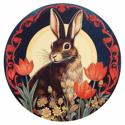illustration vintage 1940s sticker, rabbit, round shapped, Art Nouveau design