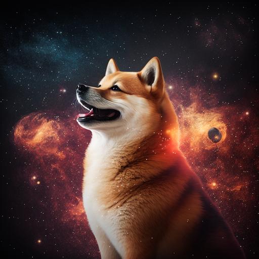 illustrations of shiba inu , smiling in space , backside nebula and stars shining, cinematic photo, 4k