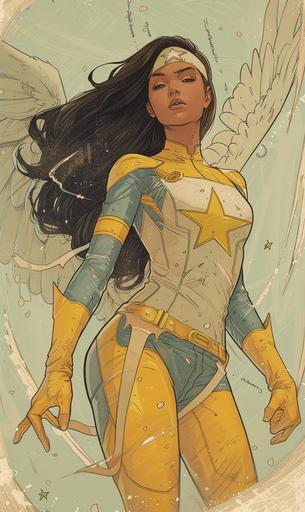 illustrative portrait for a comicbook by Olivier Coipel, teenage Superheroine named Dawnstar viewed from orbit, pureblood amerindian alien looking gril with long black hair and white wings, has pale yellow bodysuits in amerindian style with yellow boots and stars and headband, she is from the future, in full body in the style of Geoff Johns and Satoshi Kon, ink paper and faded colors, archeological illustration. art by mierAI --chaos 3 --ar 3:5 --style raw --sref  --sw 70 --stylize 250 --v 6.0