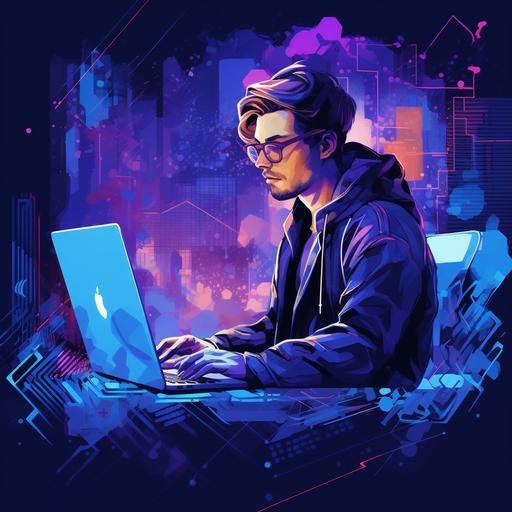 illustrative style. of a person on a computer with the illusion of Ai. blue and purple tones. neon colours trailing in.