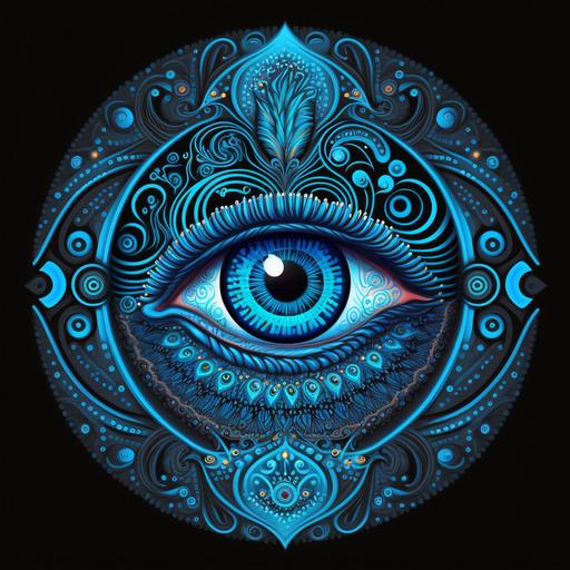 ilustra un ojo turco en azul o nazar piedra para el mal de ojo, ilustralo en azul y alrededor formas increíbles abstractas hermosos colores radiantes neon. Miles de colors y que transmite suerte y protección, hyper detallado, en la parte azul un mandala en silueta q2 ar 9:13