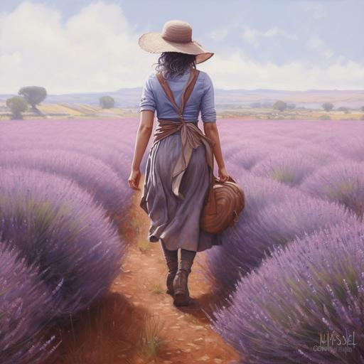 ilustracion de mujer campesina realista caminando sobre un campo de lavanda