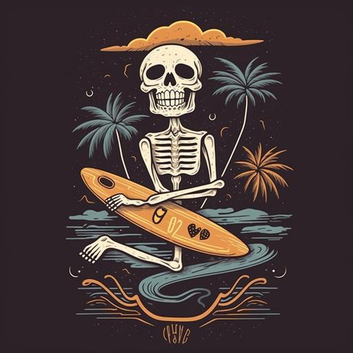 ilustracoin de esta calavera con el fondo mas oscuro y sin la tabla de surf en la boca --v 5