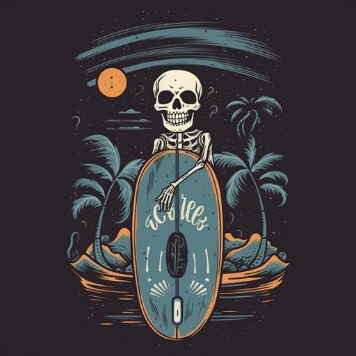 ilustracoin de esta calavera con el fondo mas oscuro y sin la tabla de surf en la boca --v 5