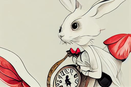 i'm late for a very important date, Alice in Wonderland, Alice in Wonderland , White Rabbit, clock, pocket watch, flat illustrations style --ar 3:2