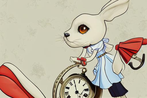 i'm late for a very important date, Alice in Wonderland, Alice in Wonderland , White Rabbit, clock, pocket watch, flat illustrations style --ar 3:2 --test --creative