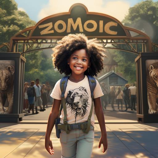 /ima bright-eyed 8-year-old afro american girl from New York with a backpack, stands excitedly at the entrance of the zoo. A large sign reads 