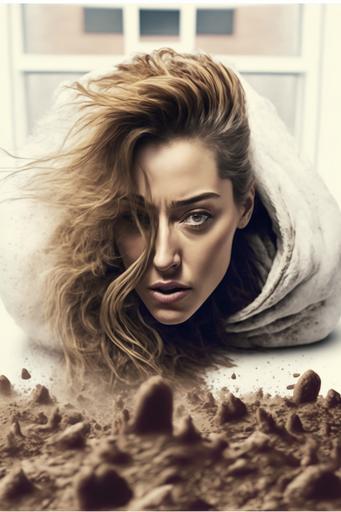 image 1:  A large mattress in a bedroom. the mattress has a small brown dirt pile on it similart to image 3. Amber Heard squatting over the dirt pile. Amber Heard is in same body position as image.  --ar 2:3