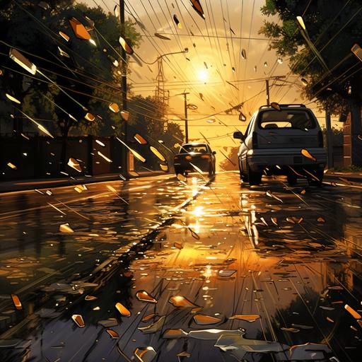 image depiction of razor-sharp splinters of amber glass raining down on a suburban street. illustrate the scene with vivid detail, capturing the chaos and danger of the situation