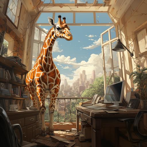 image drawing of a small modern office in black. With a giraffe sitting at the desk. Cartoon style --s 750