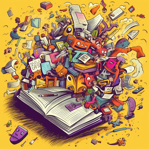 image filled with stickynotes and colorful hectic chaos, image being contained and funneled from wide to narrow into a the center of a notebook in playful cartoon style