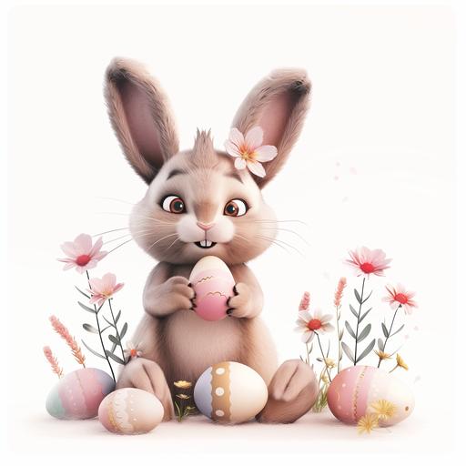 image in shades of in pastel colors, full-length, photorealistic, happy, cute easter bunny with easter eggs, flowers, adorable eyes, cartoon style, pure white background --v 6.0