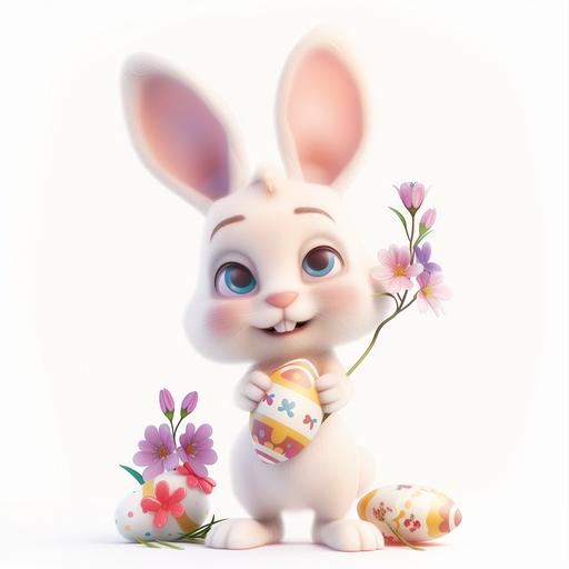image in shades of in pastel colors, full-length, photorealistic, happy, cute easter bunny with easter eggs, flowers, adorable eyes, cartoon style, pure white background --v 6.0