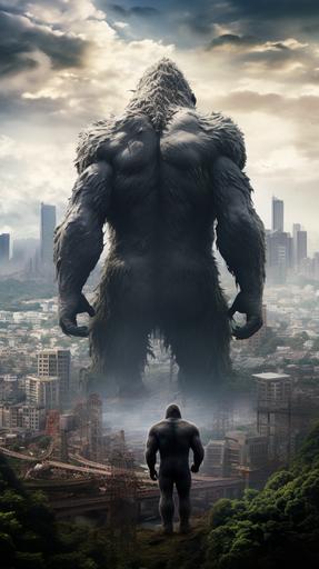 image of Conn Kingkong's back (big and powerful) on both sides are buildings --ar 9:16