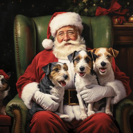 image of Santa Claus, hyper-realistic, with two Jack Russells, an armchair, ice, and presents. The Jack Russell Terrier is a small to medium-sized breed known for its lively and energetic nature. They have a compact and athletic build with a well-proportioned body. Their head is typically well-defined with a strong, flat skull and a black nose. Their eyes are almond-shaped and dark, conveying a lively and intelligent expression. Jack Russells have a short, dense coat that is mostly white with markings that can be tan, black, or brown. Their ears are V-shaped and fold forward, giving them an alert appearance. They have a sturdy neck and a straight back, leading to a well-set tail that is often docked, though this practice is becoming less common. --style raw