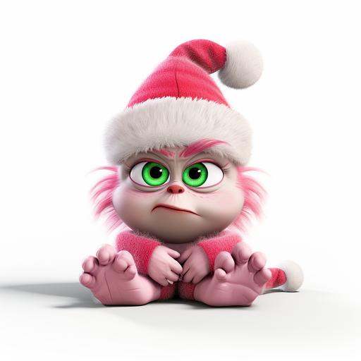 image of a baby grinch wearing a pink santa hat sitting on the ground with a white background
