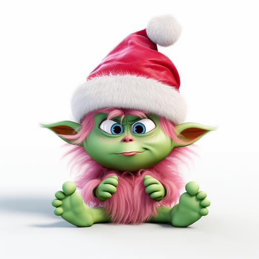 image of a baby grinch wearing a pink santa hat sitting on the ground with a white background