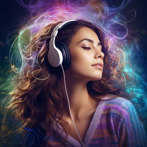 image of a beautiful person listening to music, quantum field background