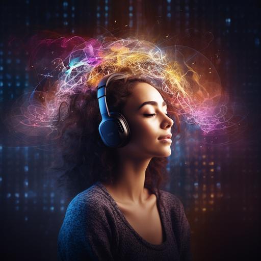 image of a beautiful person listening to music, quantum field background
