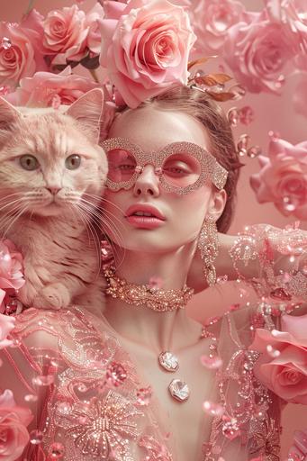 image of a beautiful woman accompanied very closely by a giant and fantastic pink cat who wears designer glasses, they are dressed in very elegant haute couture clothes with glitter and gem applications, they wear fahion earrings, they are both surrounded by roses made glass in a light pink garden. a celebration for fashion week, with elements such as gold and diamonds, a parade, jewelry, catwalk. a realistic image that resembles stock photography, captured with a professional camera, in a hyper realistic style --ar 2:3