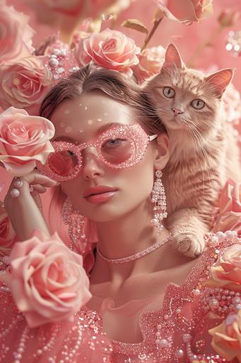 image of a beautiful woman accompanied very closely by a giant and fantastic pink cat who wears designer glasses, they are dressed in very elegant haute couture clothes with glitter and gem applications, they wear fahion earrings, they are both surrounded by roses made glass in a light pink garden. a celebration for fashion week, with elements such as gold and diamonds, a parade, jewelry, catwalk. a realistic image that resembles stock photography, captured with a professional camera, in a hyper realistic style --ar 2:3