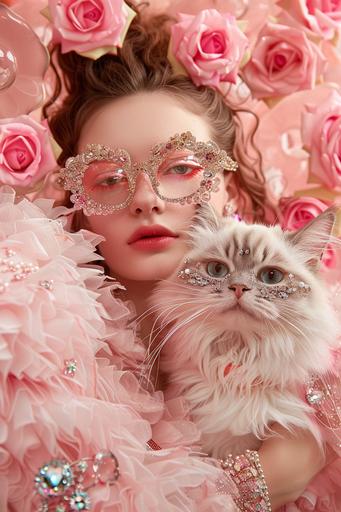 image of a beautiful woman accompanied very closely by a giant and fantastic pink cat who wears designer glasses, they are dressed in very elegant haute couture clothes with glitter and gem applications, they wear fahion earrings, they are both surrounded by roses made glass in a light pink garden. a celebration for fashion week, with elements such as gold and diamonds, a parade, jewelry, catwalk. a realistic image that resembles stock photography, captured with a professional camera, in a hyper realistic style --ar 2:3