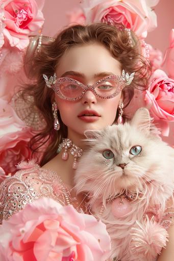 image of a beautiful woman accompanied very closely by a giant and fantastic pink cat who wears designer glasses, they are dressed in very elegant haute couture clothes with glitter and gem applications, they wear fahion earrings, they are both surrounded by roses made glass in a light pink garden. a celebration for fashion week, with elements such as gold and diamonds, a parade, jewelry, catwalk. a realistic image that resembles stock photography, captured with a professional camera, in a hyper realistic style --ar 2:3