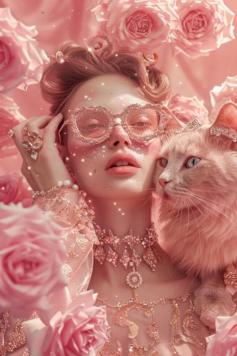 image of a beautiful woman accompanied very closely by a giant and fantastic pink cat who wears designer glasses, they are dressed in very elegant haute couture clothes with glitter and gem applications, they wear fahion earrings, they are both surrounded by roses made glass in a light pink garden. a celebration for fashion week, with elements such as gold and diamonds, a parade, jewelry, catwalk. a realistic image that resembles stock photography, captured with a professional camera, in a hyper realistic style --ar 2:3