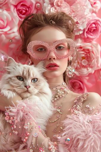 image of a beautiful woman accompanied very closely by a giant and fantastic pink cat who wears designer glasses, they are dressed in very elegant haute couture clothes with glitter and gem applications, they wear fahion earrings, they are both surrounded by roses made glass in a light pink garden. a celebration for fashion week, with elements such as gold and diamonds, a parade, jewelry, catwalk. a realistic image that resembles stock photography, captured with a professional camera, in a hyper realistic style --ar 2:3