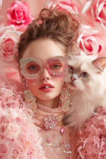 image of a beautiful woman accompanied very closely by a giant and fantastic pink cat who wears designer glasses, they are dressed in very elegant haute couture clothes with glitter and gem applications, they wear fahion earrings, they are both surrounded by roses made glass in a light pink garden. a celebration for fashion week, with elements such as gold and diamonds, a parade, jewelry, catwalk. a realistic image that resembles stock photography, captured with a professional camera, in a hyper realistic style --ar 2:3