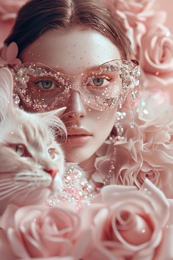 image of a beautiful woman accompanied very closely by a giant and fantastic pink cat who wears designer glasses, they are dressed in very elegant haute couture clothes with glitter and gem applications, they wear fahion earrings, they are both surrounded by roses made glass in a light pink garden. a celebration for fashion week, with elements such as gold and diamonds, a parade, jewelry, catwalk. a realistic image that resembles stock photography, captured with a professional camera, in a hyper realistic style --ar 2:3