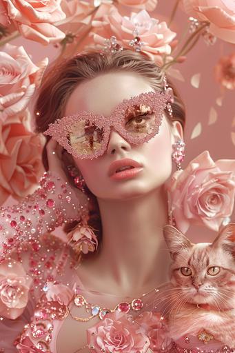 image of a beautiful woman accompanied very closely by a giant and fantastic pink cat who wears designer glasses, they are dressed in very elegant haute couture clothes with glitter and gem applications, they wear fahion earrings, they are both surrounded by roses made glass in a light pink garden. a celebration for fashion week, with elements such as gold and diamonds, a parade, jewelry, catwalk. a realistic image that resembles stock photography, captured with a professional camera, in a hyper realistic style --ar 2:3