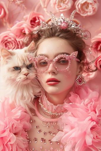 image of a beautiful woman accompanied very closely by a giant and fantastic pink cat who wears designer glasses, they are dressed in very elegant haute couture clothes with glitter and gem applications, they wear fahion earrings, they are both surrounded by roses made glass in a light pink garden. a celebration for fashion week, with elements such as gold and diamonds, a parade, jewelry, catwalk. a realistic image that resembles stock photography, captured with a professional camera, in a hyper realistic style --ar 2:3