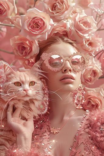 image of a beautiful woman accompanied very closely by a giant and fantastic pink cat who wears designer glasses, they are dressed in very elegant haute couture clothes with glitter and gem applications, they wear fahion earrings, they are both surrounded by roses made glass in a light pink garden. a celebration for fashion week, with elements such as gold and diamonds, a parade, jewelry, catwalk. a realistic image that resembles stock photography, captured with a professional camera, in a hyper realistic style --ar 2:3