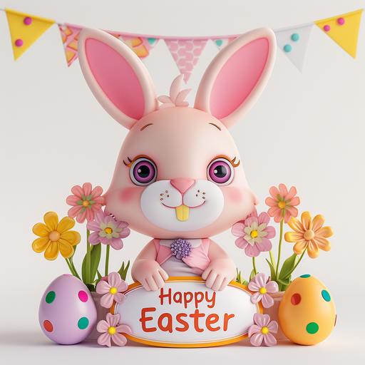 image of a cute easter bunny with easter eggs, flowers, 