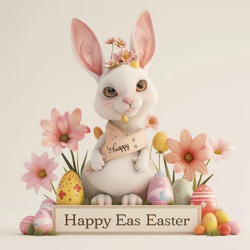 image of a cute easter bunny with easter eggs, flowers, 