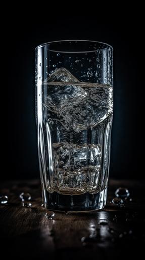 image of a glass of ice water, shot by Nikon D850 --s 250 --v 5.0 --ar 9:16
