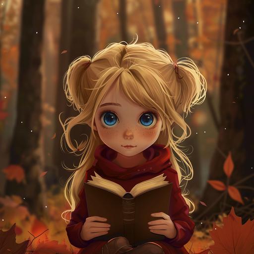image of a little girl with a book in her hands, blonde, blue eyes, cartoon style, , on the background of the forest, cozy, quality, colorize --style raw