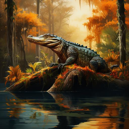 image of a magnificent large bald cypress tree, in a river, changing to fall colors from green, with highlights of orange and red. is an alligator sitting on a log. The style of very realistic and detailed.