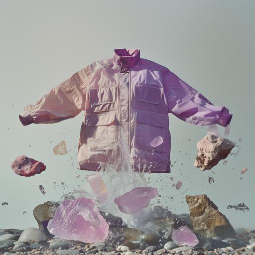 image of a pink and purple lightweight spring summer jacket floating in the centre with the arms of the jacket directly flailing upwards, high-end modern wear inspired by modern simplistic brands. Emphasized silhouette against a light grey background, showcasing the intricate details of their materials. With muted pink and purple rocks and also with pink and purple rocks muted colours but also with rocks made out of cloudy seaglass, cloudy glass rounded, various small to medium sizes of rocks and sea glass, and water and sand flying in from the corners of the image. The jacket is the hero of the image. Some of the rocks are crytalised half rock half with light refracting out of it from teh suns rays. THe backdrop is a grey overcast seaside shoreline beach. Utilize the FUJIFILM X100F with a 4:5 aspect ratio and raw style to preserve clarity and flexibility in post-processing. Aim for an editorial-worthy composition that blends modern fashion with simplistic resonance --v 6.0