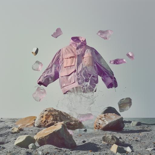 image of a pink and purple lightweight spring summer jacket floating in the centre with the arms of the jacket directly flailing upwards, high-end modern wear inspired by modern simplistic brands. Emphasized silhouette against a light grey background, showcasing the intricate details of their materials. With muted pink and purple rocks and also with pink and purple rocks muted colours but also with rocks made out of cloudy seaglass, cloudy glass rounded, various small to medium sizes of rocks and sea glass, and water and sand flying in from the corners of the image. The jacket is the hero of the image. Some of the rocks are crytalised half rock half with light refracting out of it from teh suns rays. THe backdrop is a grey overcast seaside shoreline beach. Utilize the FUJIFILM X100F with a 4:5 aspect ratio and raw style to preserve clarity and flexibility in post-processing. Aim for an editorial-worthy composition that blends modern fashion with simplistic resonance --v 6.0