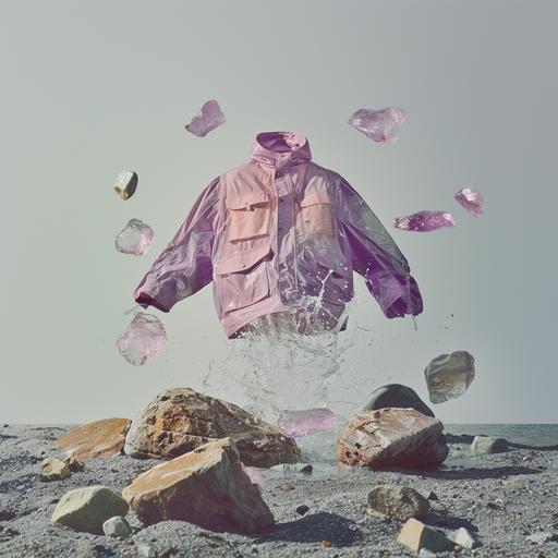 image of a pink and purple lightweight spring summer jacket floating in the centre with the arms of the jacket directly flailing upwards, high-end modern wear inspired by modern simplistic brands. Emphasized silhouette against a light grey background, showcasing the intricate details of their materials. With muted pink and purple rocks and also with pink and purple rocks muted colours but also with rocks made out of cloudy seaglass, cloudy glass rounded, various small to medium sizes of rocks and sea glass, and water and sand flying in from the corners of the image. The jacket is the hero of the image. Some of the rocks are crytalised half rock half with light refracting out of it from teh suns rays. THe backdrop is a grey overcast seaside shoreline beach. Utilize the FUJIFILM X100F with a 4:5 aspect ratio and raw style to preserve clarity and flexibility in post-processing. Aim for an editorial-worthy composition that blends modern fashion with simplistic resonance