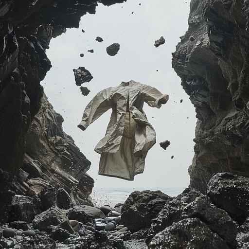 image of a sand coloured lightweight spring summer jacket floating in the centre inside of a dark and moody cave black shiny wet rocks with the arms of the jacket directly flailing upwards, high-end modern wear inspired by modern simplistic brands. The jacket is just barely visibile. Emphasized silhouette against a light grey background, showcasing the intricate details of their materials. With muted black details and rocks and also with black marble black shiny wet rocks,, various small to medium sizes of rocks, and water and sand flying in from the corners of the image. The jacket is the hero of the image.. THe backdrop is a grey overcast seaside shoreline beach, the image is taken inside of a beach cave looking outward to the coast. Utilize the FUJIFILM X100F with a 4:5 aspect ratio and raw style to preserve clarity and flexibility in post-processing. Aim for an editorial-worthy composition that blends modern fashion with simplistic resonance