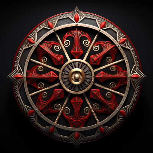 image of a sinister and macabre arcane wheel, styled as if it were crafted by an evil circus clown. The wheel is comprised of three concentric rings, each one able to rotate on its own and adorned with eight equidistant slots meant to contain cursed runes. The overall design of the wheel should be theatrical with dark circus themes, with bold stripes of crimson and black, giving it an ominous carnival feel. The runes are to be depicted as gaudy, glowing symbols, reminiscent of twisted circus marquees, casting unsettling shadows. The metal of the rings appears aged and weathered, with a hint of rust like old carnival rides, and the slots for the runes resemble the twisted mouths of laughing clowns. The background should suggest a decrepit circus tent, with tattered fabric and a sense of decay. The circus theme is further enhanced by elements such as eerie, distorted calliope music notes in the air and faint echoes of sinister laughter. The image should convey a feeling of dread and twisted joy, as if this wheel spins not for games of chance, but for fates far more dire