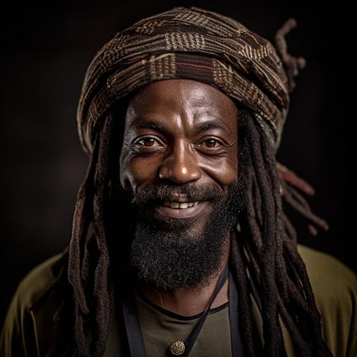 image of african amrican man with beard and dread locks hair, bown eyes, turban on head . Shoot it as if it were an editorial shot. Use a Canon EOS 5D Mark IV DSLR camera with an EF 50mm f/1.8 STM lens for this shot. Aim for a resolution of 30.4 megapixels, ISO sensitivity of 32,000, and a shutter speed of 8000 seconds. The result should be a hyper-realistic, highly detailed, and high-resolution 16k image with a 16:9 aspect ratio.