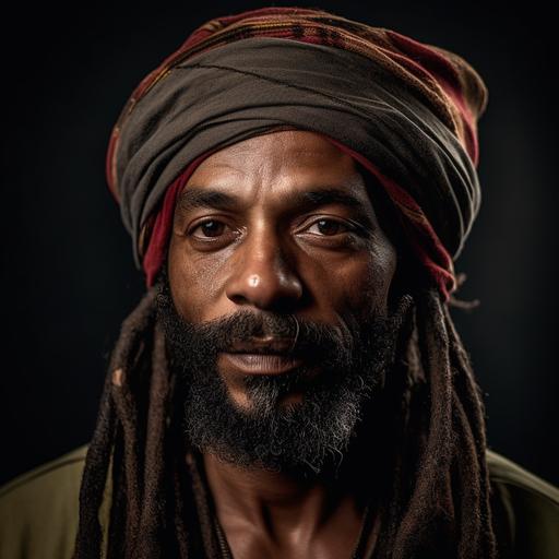 image of african amrican man with beard and dread locks hair, bown eyes, turban on head . Shoot it as if it were an editorial shot. Use a Canon EOS 5D Mark IV DSLR camera with an EF 50mm f/1.8 STM lens for this shot. Aim for a resolution of 30.4 megapixels, ISO sensitivity of 32,000, and a shutter speed of 8000 seconds. The result should be a hyper-realistic, highly detailed, and high-resolution 16k image with a 16:9 aspect ratio.