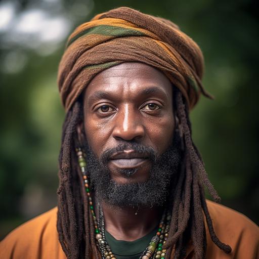 image of african amrican man with beard and dread locks hair, bown eyes, turban on head . Shoot it as if it were an editorial shot. Use a Canon EOS 5D Mark IV DSLR camera with an EF 50mm f/1.8 STM lens for this shot. Aim for a resolution of 30.4 megapixels, ISO sensitivity of 32,000, and a shutter speed of 8000 seconds. The result should be a hyper-realistic, highly detailed, and high-resolution 16k image with a 16:9 aspect ratio.